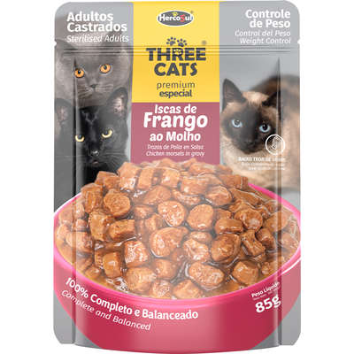 Ração Úmida Three Cats Sachê Premium Especial Iscas de Frango ao Molho Gatos Castrados (COD.340)