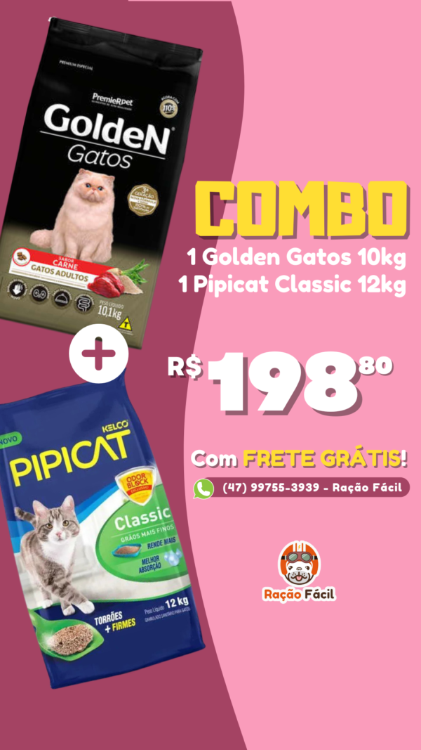 Combo - 1 Golden Gatos Adultos Carne 10kg + 1 Pipicat Classic 12kg