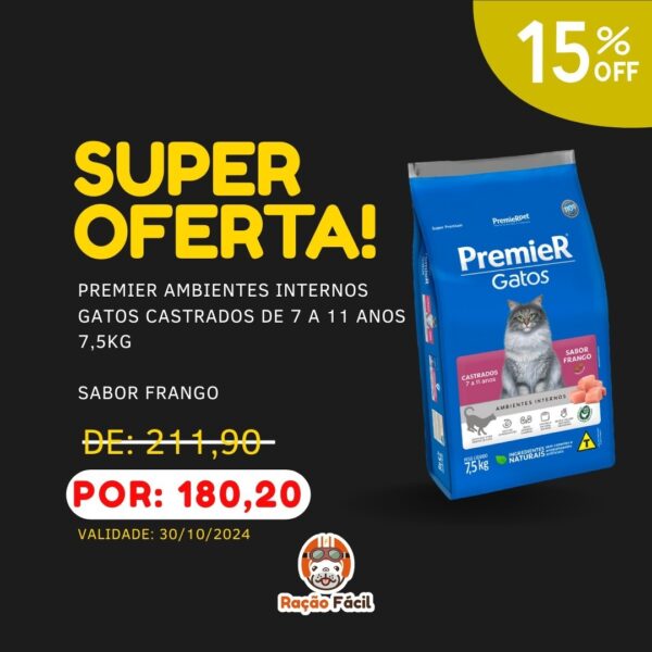 Premier Gato Castrado de 7 á 11 anos Sabor Frango 7,5kg - Vencimento 30/10/2024