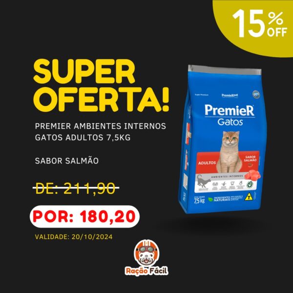 Premier Gato Adulto Ambientes Internos Sabor Salmão 7,5kg - Vencimento 20/10/2024